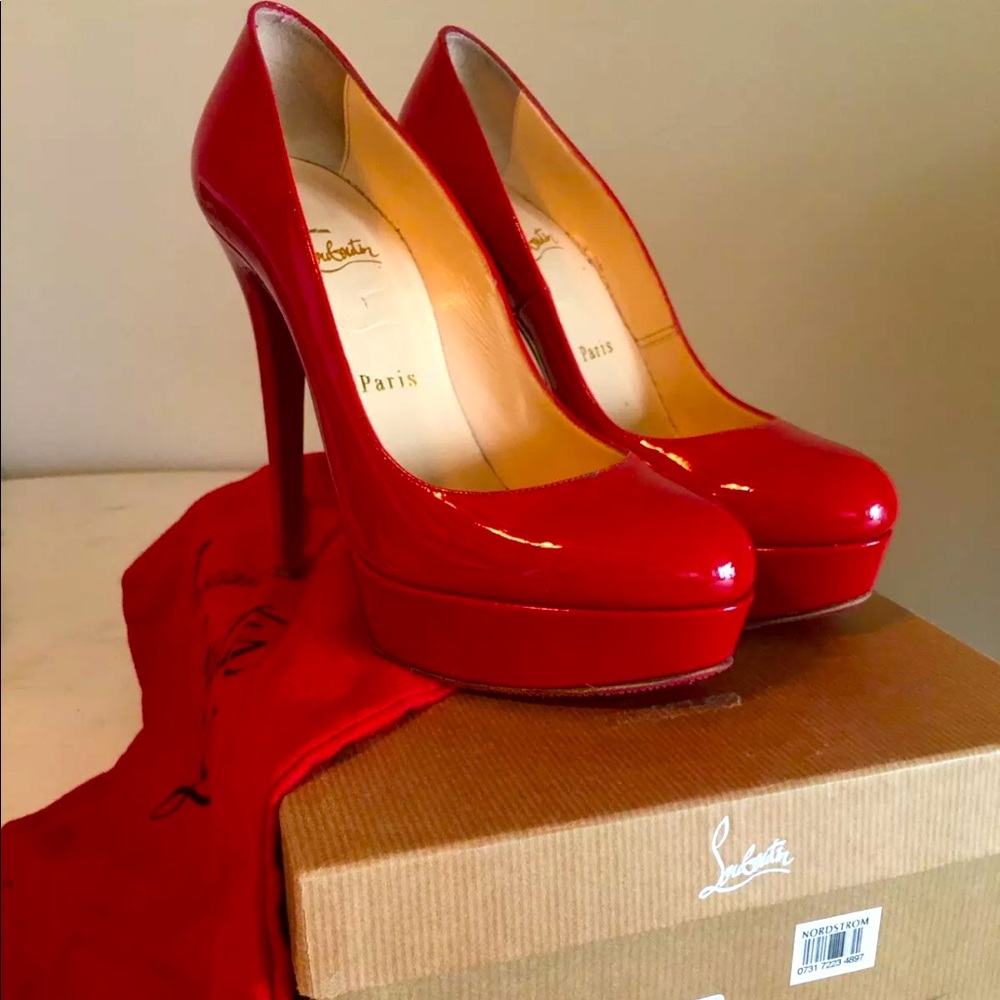 CHRISTIAN LOUBOUTIN BIANCA 140 PATENT Red PUMPS 37